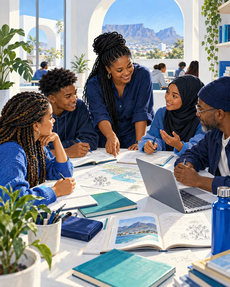 Illustration of learners and an educator sharing ideas in a South African learning space